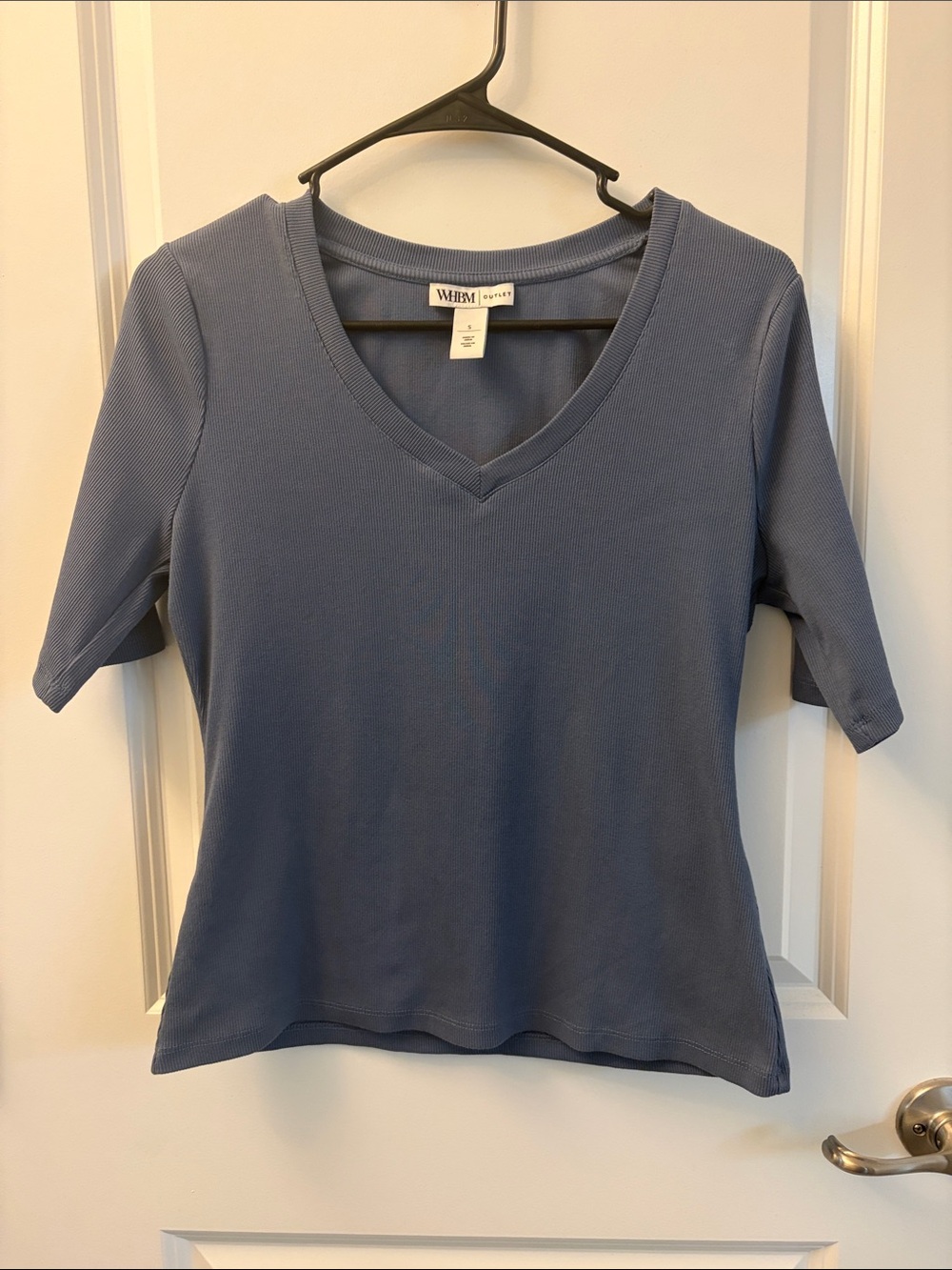 White House Black Market Slate Blue V-Neck 3/4 Sleeve Ribbed Tee Size S Like New